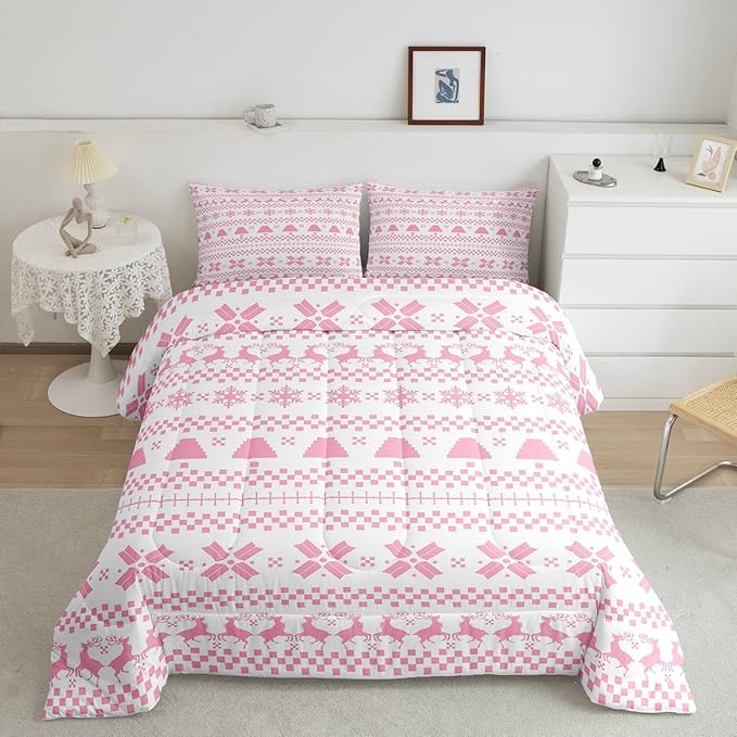 Feelyou Christmas Bedding Set for Kids Boys Girls Queen Size Xmas Deer Elk Decor Comforter Set Ultra Soft Winter Comforter Xmas Snowflake Duvet Quilt Bedroom Decor Christmas Decor Quilt