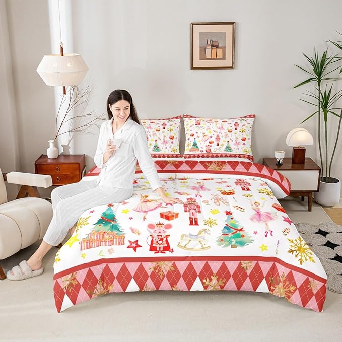 Feelyou Christmas Comforter Set All Season Ballet Nutcracker Bedding Set with 2 Pillow Cases Snowflake Kids Full Bedclothes Bedroom Decor Duvet Quilt Breathable Soft Lightweight