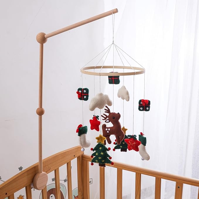 Baby Crib Mobile, Christmas Deer Crib Hanging Toy, Felt Xmas Tree Clouds Stars Baby Wind Chimes, Newborn Gifts for Girls Boys, Mobiles for Babies