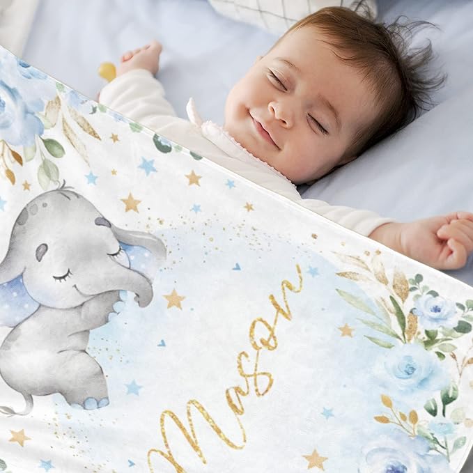 Elephant Baby BlanketPersonalized BlanketWith NameforBoyCustom Name BlanketforNewborn BoySoft Flannel Toddler Blanket Customized GiftforBirthday Christmas Baby Shower 60inX80in 4-elephant Blue
