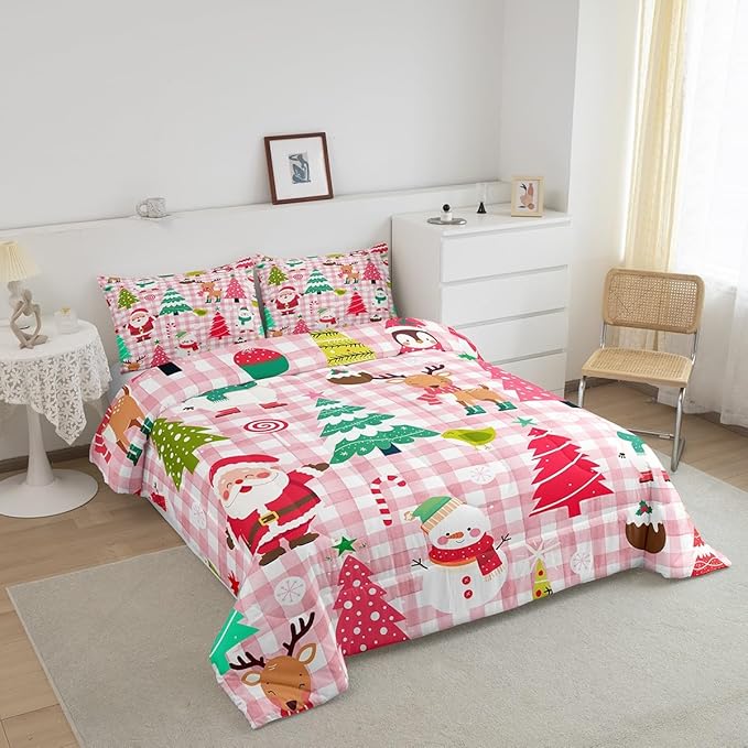 Castle Fairy Merry Christmas Kids Comforter Set King Size,Cartoon Xmas Style Cute Animals Bedding Set All Season Quilt Set,Santa Claus Pine Trees Pink Checkered Microfiber Polyester Down Comforter