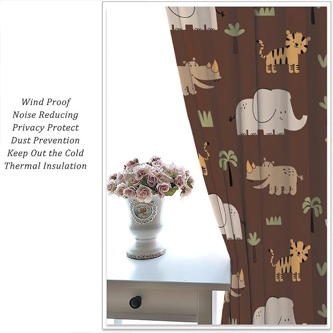 Jungle Safari Animals Blackout Curtains Cartoon Tropical Forest Animals Elephant Tiger Brown Art Print for Kids Boys Bedroom Nursery Rod Pocket Decoration Window Drapes 2 Panels W36xL63in