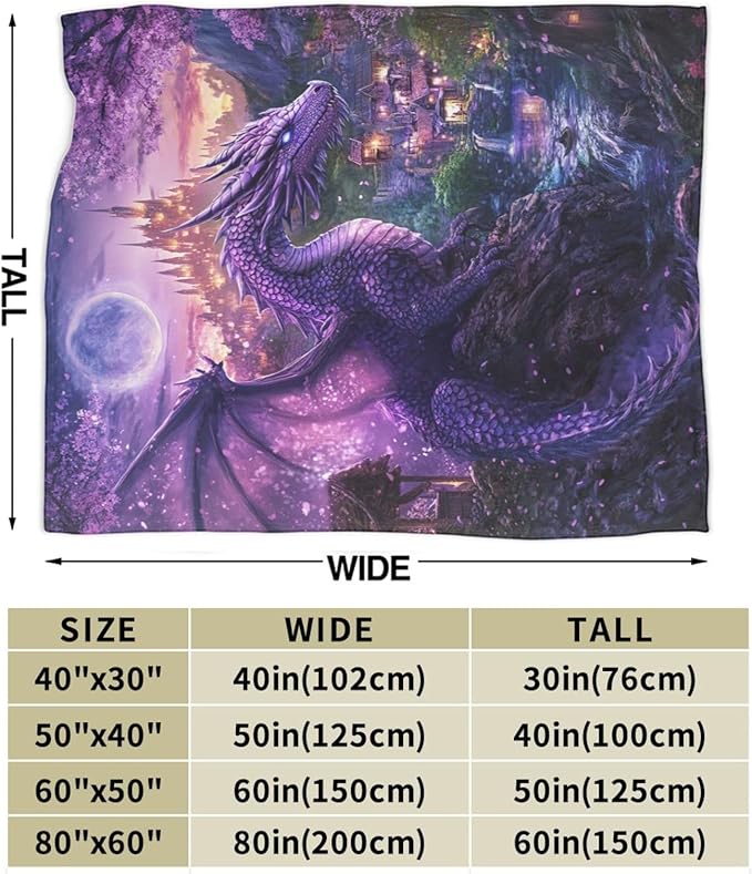 Dragon Blanket Purple Throw Blankets for Girls Boys Soft Warm Cool Mysterious Castle Throws Flannel Fleece Plush Animal Gifts for Kids Men Women Adults for Bed Sofa Bedding Decor 50"x40"