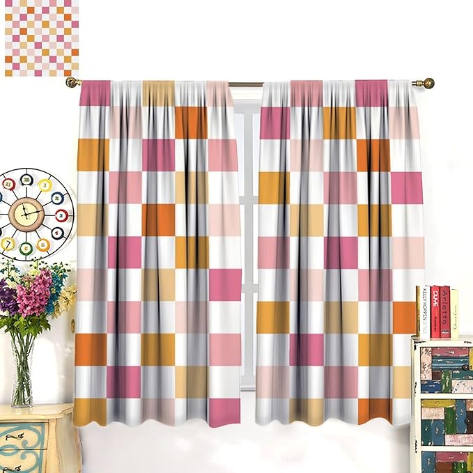 Pink Checkered Curtains,70s Vintage Twisted Checkered Window Drapes Colorful Groovy Trendy Wavy Hippie Grid Print Window Treatments for Kids Girls Bedroom Living Room 72" W X 63" L