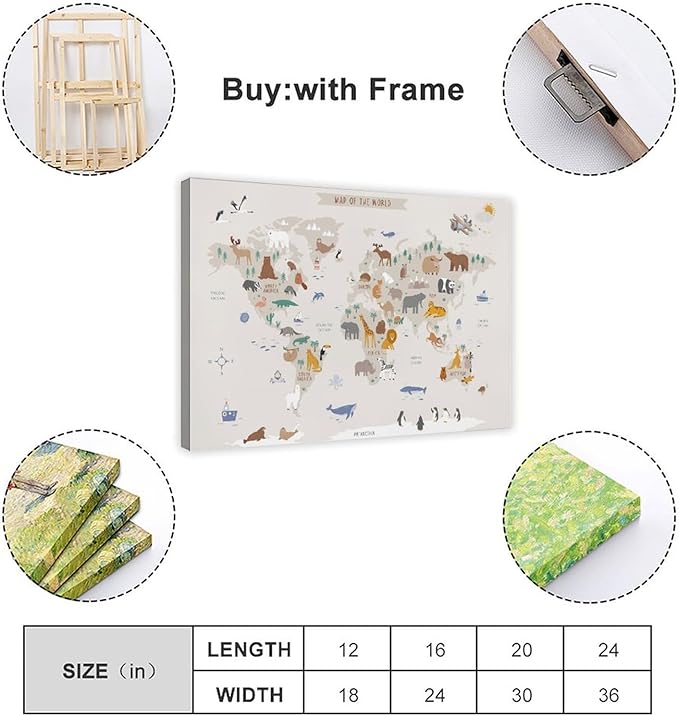 KIPNG Kids World Map - Playroom Animal World Map - Nursery Educational Poster Canvas Poster Wall Art Picture Paintings for Living Room Bedroom Decoration Frame-style24x36inch(60x90cm)