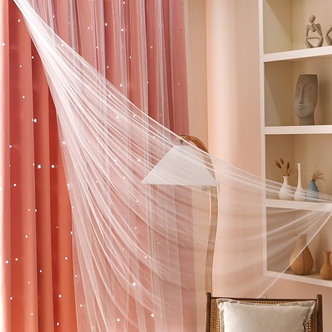 Kinryb Princess Curtains for Girls Bedroom with Sheer Overlay,Double Layer Curtain for Living Room with Star Cutout, Curtains for Kids Room (52 W*72 L Inches,2 Pcs Coral)