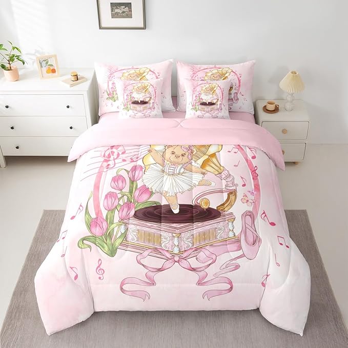 Ballerina Bear Kids Comforter King Size,Record Player Music Note Ballet Shoe 7 Pcs Bedding Set,Bowknot Bow Tie Princess Room Decor,Pink Romantic （Fitted+Sheet+2 Pillowcases+2 Throw Pillow Covers）