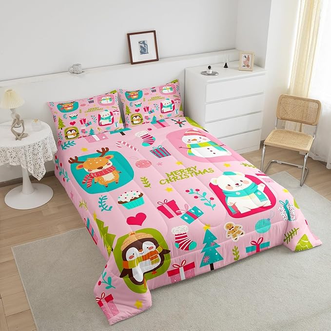 Erosebridal Christmas Cartoon Bedding Set for Kids Cute Snowman Bear Comforter Set Full Size Xmas Tree Deer Elk Reversible Quilts Kawaii Penguin Animal Duvet Insert Room Decor