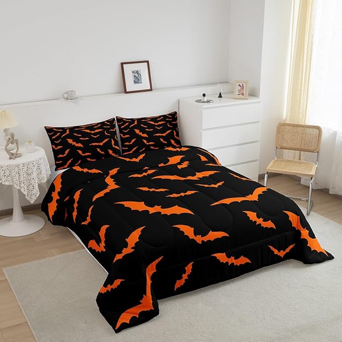 Erosebridal Happy Halloween Quilt Toddler Size for Kids Boys Bats Animal Silhouette Comforter Set Orange Bats Animal Bedding Set Gothic Spooky Down Comforter with 1 Pillow Case