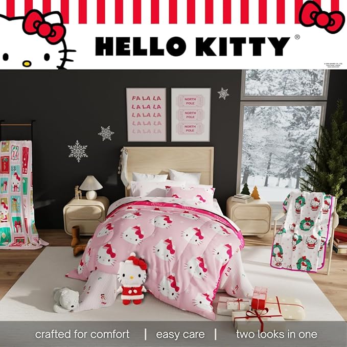 Sanrio Hello Kitty Holiday & Christmas Bedding Soft Comforter and Sheet Set with Sham, 5 Piece Twin Size, (Officially Licensed Product) by Franco