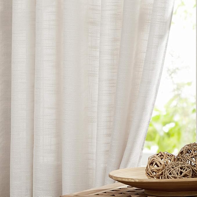 FMFUNCTEX Linen Semi Sheer Curtains for Bedroom, Natural Curtains 72 Inch Length for Living Room, Country Farmhouse Sheer Drapes, Light Filtering Window Curtain, Grommet Top 2 Panels