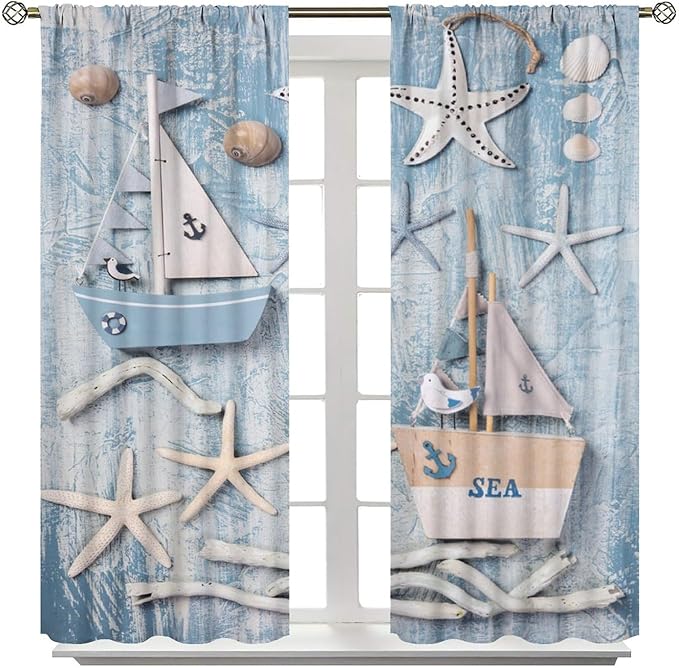 Nautical Curtain,Navy Anchor Sailing Map Starfish Seashells Bedroom Curtain,Waterproof Washable Fabric for Bedroom Decor Set 2 Panels,72x63 Inches