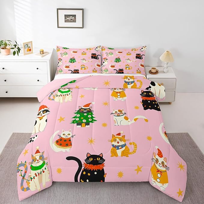 Erosebridal Christmas Decor Quilts Cute Cats Comforter Set Toddler Size for Kids Boys Girls Bedroom Xmas Tree Bedding Set Cartoon Animal Down Comforter with 1 Pillow Case