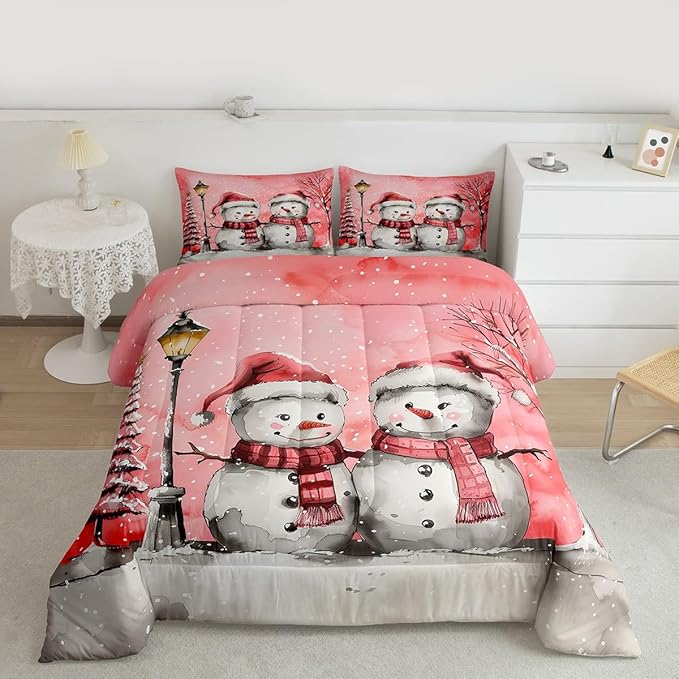Feelyou Christmas Bedding Set Soft for Boys Girls, Pink Watercolor Snowman Comforter Set Toddler Size Xmas Winter Duvet Quilt Microfiber Snowflake Bedroom Decor 2 Pcs with 1 Pillow Cases