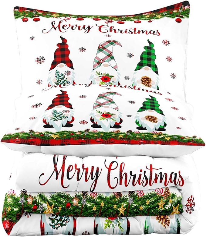 LUVIVIHOME 2PCS Merry Christmas Comforter Set Twin Size, Gnomes Bedding, Cute Christmas Bedroom Decor for Kids Boys Girls Teens, Xmas Gifts, Buffalo Plaid Christmas Gnomes Decorations, 1 Pillow Case