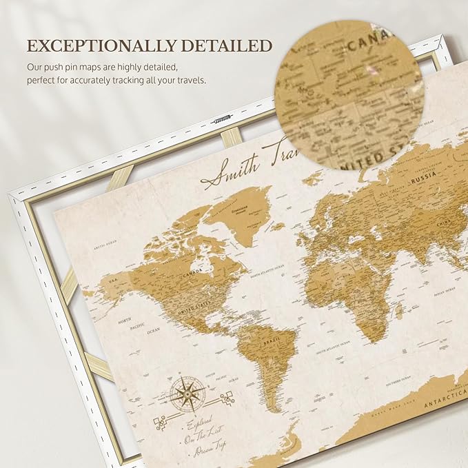 ElephantStock - Personalized Travel Push Pin World Map Wall Art - Horizontal Canvas Wall Art - Living Room Wall Decor - Digital Art Map Canvas Art - Orange And Beige Decor - 39" x 26"