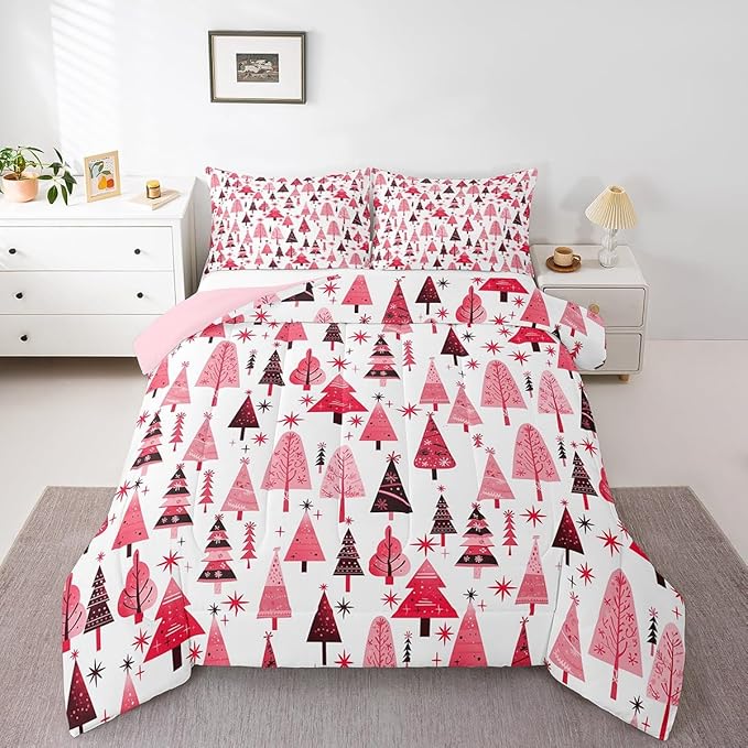 Manfei Pink Xmas Trees Comforter Set Full Size, Christmas Theme Bedding Set 3pcs for Kids Boys Girls Adults Room Decor, Happy New Year Down Comforter Soft Polyester Quilt Set with 2 Pillowcases