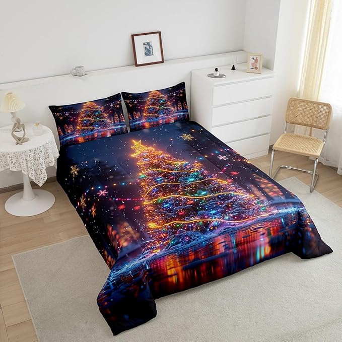 3D Christmas Tree Comforter Set King Size,Snowflake Glitter Polka Dot Duvet Insert for Kids Boys Girls Room Decor,Merry Christmas Bedding Set 3Pcs,Xmas Neon Style Fashion Quilt Set,2 Pillowcases