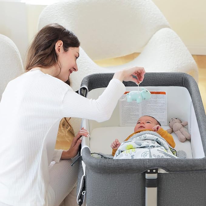 Ihoming Baby Bassinet Bedside Sleeper, Baby Bed Side Crib with Storage Basket, Easy Folding Bassinets, Adjustable Baby Bed for Infant Newborn, Gray