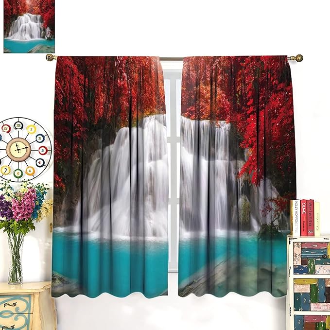 Red Forest Waterfall Blackout Windows Curtains, Tree Landscape Woodland Scenic Nature Fall Scenery Art Printed Curtains, for Living Room Bedroom 72x63in 2 Panels