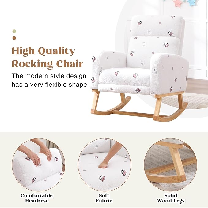 Rocking Chair Nursery with Foot Rest, Nursing Rocking Chairs for Mom Breastfeeding, Teddy Rocker Glider Chair with High Backrest for Living Room, Bedroom, Cow Printed White