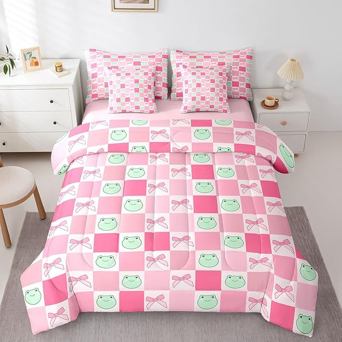 7 Pieces Cartoon Frog Kids Comforter Set Queen,Pink Bowknot Bow Tie Butterfly Knot Bedding Set,Geometric Plaid Grid Patchwork Cute（Comforter+Fitted+Flat Sheet+2 Pillowcases+2 Throw Pillow Covers）