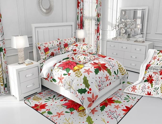 Castle Fairy Merry Christmas Comforter Set King Size,Red Xmas Flowers Berry Leaves Plant Bedding Set All Season Quilt Set,Floral Themed Bell Socks Print Microfiber Polyester Down Comforter