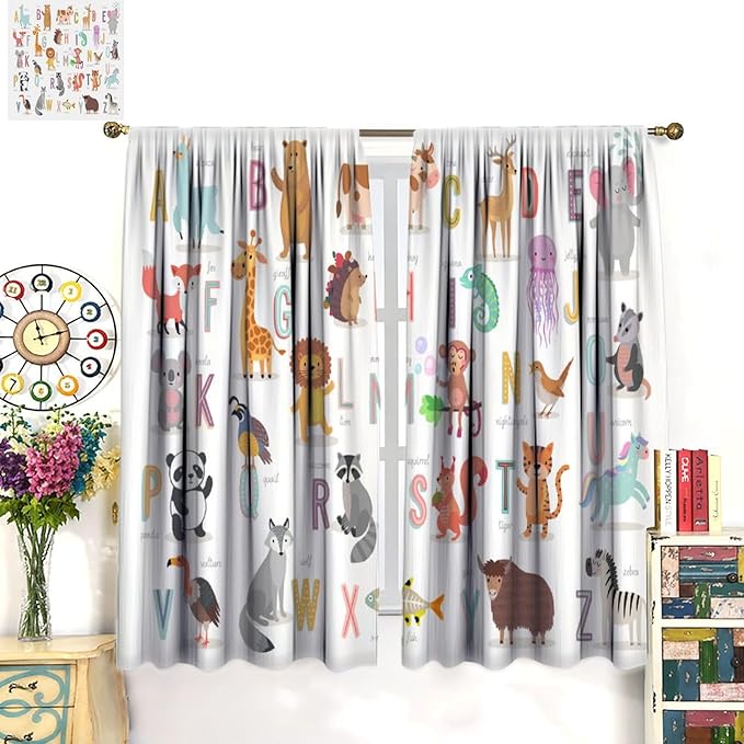 Kids Alphabet Curtains Cute Cartoon Animal Funny Educational Learning Curtain with Rod Pocket for Nursery Bedroom Playroom Home Decor Drapes Window Treatments 2 Panels Set 63" W X 72" L