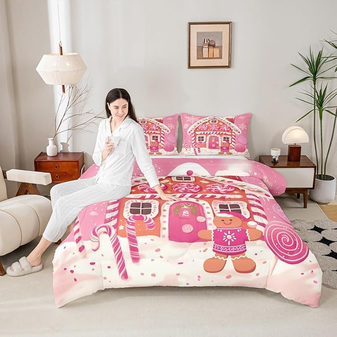 jejeloiu Kids Christmas Theme Comforter Set Toddler Xmas Gingerbread Man Candy Cane House Bedding Set for Boys Girls Teens Hot Pink Winter Happy New Year Duvet Quilt Room Decor