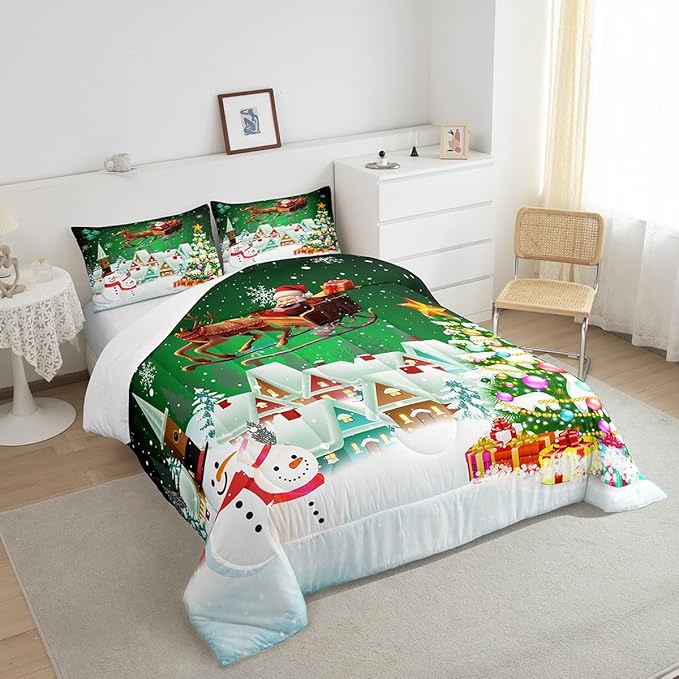Manfei Christmas Comforter Set King Size, Snowman Xmas Tree Quilt Set with 2 Pillowcases, Santa Claus with Deer Bedding Set 3pcs for Kids Boys Girls Room Decor New Year Theme Duvet Insert