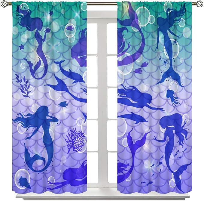 Mermaid Kids Girls Curtains Fantasy Mermaid Silhouette Ocean Theme Beautiful Blackout Window Treatment for Girls Bedroom Nursery Room Decor Rod Pocket Window Drapes 63" W X 63" L