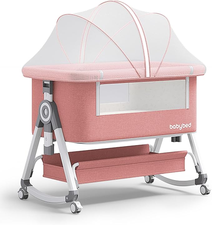 Baby Bassinet Bedside Bassinet for Baby 4 in 1 Portable Bassinet Bedside Sleeper with Wheels Mosquito Net & Storage Basket, 6 Height Adjustable Rocking Bassinet for Newborn Baby Crib