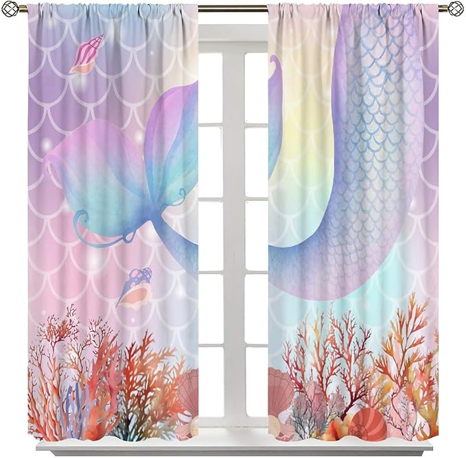 Dream Mermaid Curtains Colorful Mermaid Fish Tail Scale Fantasy Ocean Theme Beautiful Kids Window Treatment for Girls Bedroom Nursery Room Decor Rod Pocket Window Drapes 84x84in