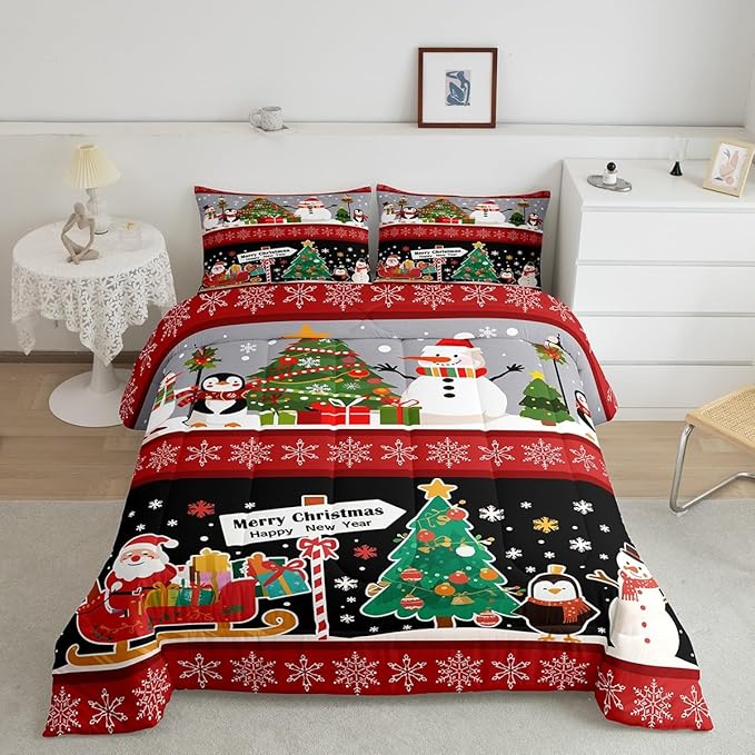 Erosebridal Christmas Tree Decor Quilts Cartoon Snowman Comforter Set for Teens Kids Boys Xmas Deer Elk Santa Claus Bedding Set for New Year Snowflake Red and Black Duvet Insert Queen Size