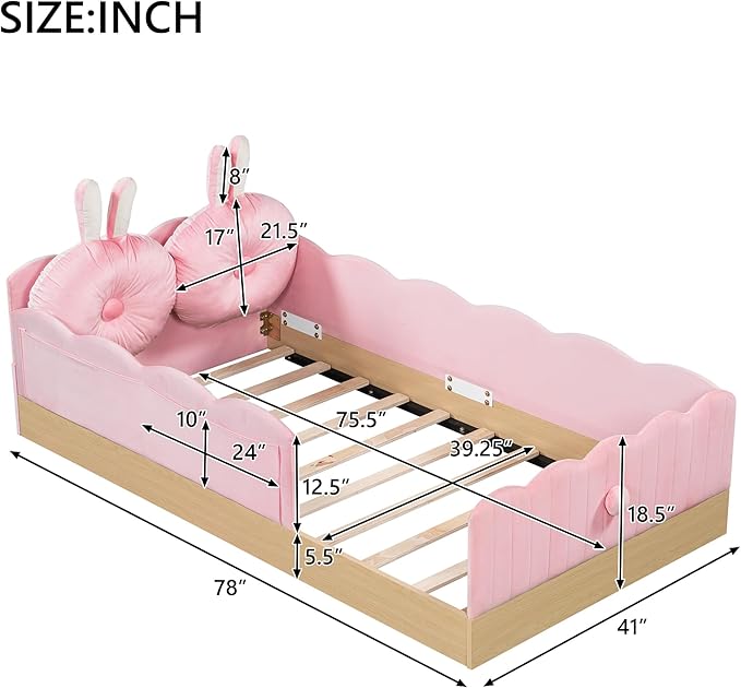 Twin Size Upholstered Platform Bed with Safety Guardrail and Cute Rabbit Ear Shaped Pillows, Velvet Fabric Montessori Kids Floor Bed with Pocket and Sturdy Slats Support (Pink-9.25)