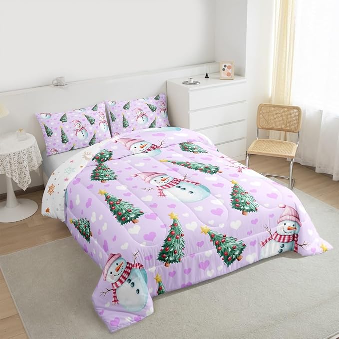 Feelyou Merry Christmas Bedding Set Soft for Boys Girls, Cute Snowman Comforter Set Twin Size Christmas Tree Duvet Quilt Microfiber Love Hearts 2 Pcs with 1 Pillow Cases