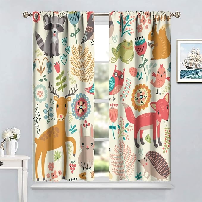 Kids Baby Woodland Blackout Curtains,Forest Animals Plants Cartoon Funny Colorful Deer Fox Owl Pattern Thermal Insulation Window Drapes for Boys Girls Children's Bedroom 63x72in
