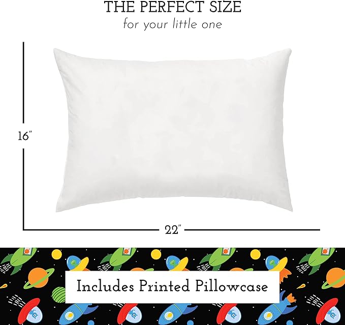 Little Sleepy Head Youth Pillow with Pillowcase 16x22, Soft Jumbo Toddler Pillow & Hypoallergenic Pillowcase - Perfect Kids Travel Pillow (Space 'N Rockets)