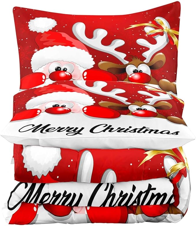 LUVIVIHOME 3PCS Merry Christmas Comforter Set King Size, Funny Santa Claus Bedding, Reindeer Cute Christmas Bedroom Decor for Kids Boys Girls Teens, Xmas Gifts, 2 Pillow Cases