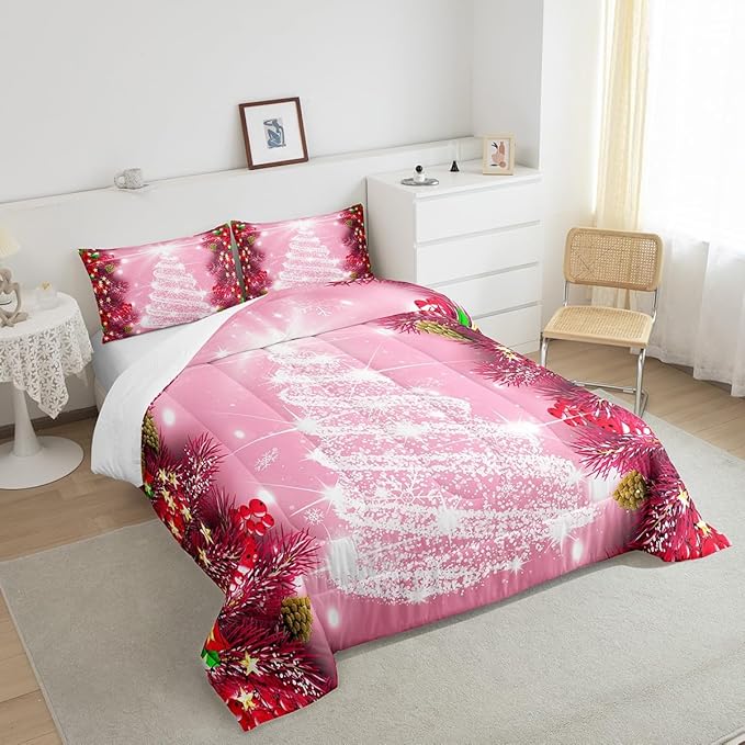 Feelyou Kids Merry Christmas Decorations Comforter Set, Kids Santa Tree Bedding Set King Size for Boys Girls Teens Xmas Christmas Bell Decor Comforter Glitter Pink Quilt Set