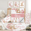 Personalized Baby Crib Bedding Set, 5 Pcs Custom Name Nursery Bedding Set for Girls Boys, Pink Bear Baby Crib Set for Toddlers Infants, Double Layer Bedding Crib Sets Customized Gifts