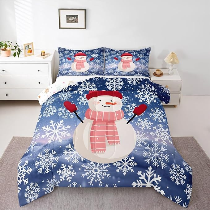 Feelyou Christmas Kids Comforter Set King Size Snowman Purple Blue Gradient Bedding Set Xmas Snowflakes Duvet Quilt for Kids Boys Girls Bedroom Winter Snow Decor Microfiber Ultra Soft Breathable