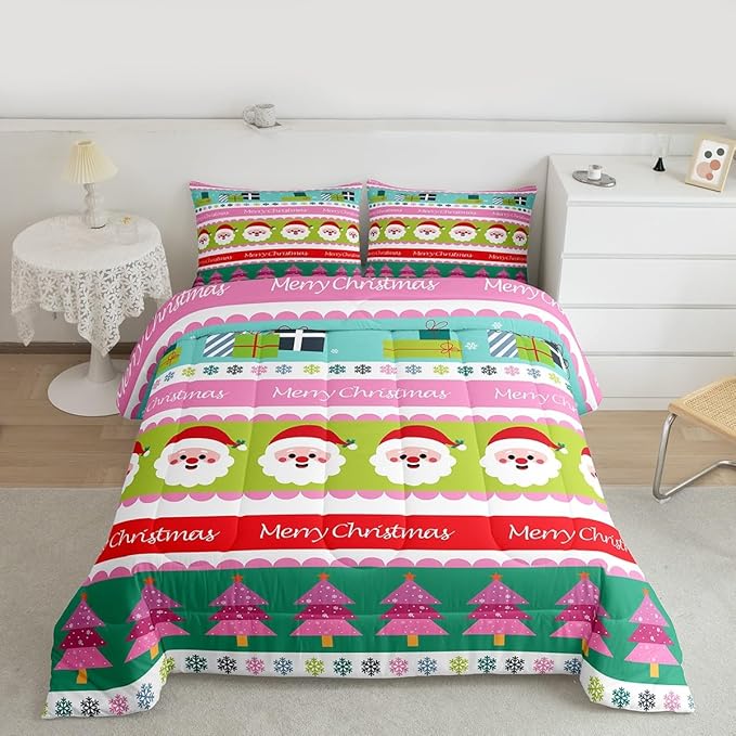 Feelyou Merry Christmas Comforter Set Toddler Size Santa Claus Bedding Set for Kids Boys Girls Xmas Tree Snowflake Duvet Quilt Striped Bedroom Decor Microfiber 2 Pcs with 1 Pillow Cases