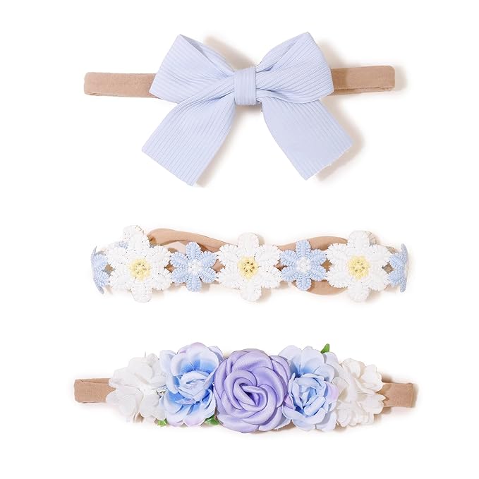 cherrboll Baby Girl Nylon Headbands, 3Pcs Handmade Floral Hair Bows, Stretchy Flower Hairbands for Newborns Infants Toddlers