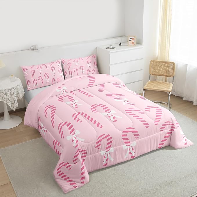 Feelyou Merry Christmas Comforter Set Queen Size Pink Candy Cane Bedding Set for Kids Boys Girls Bow Duvet Quilt Bedroom Decor Microfiber 3 Pcs with 2 Pillow Cases