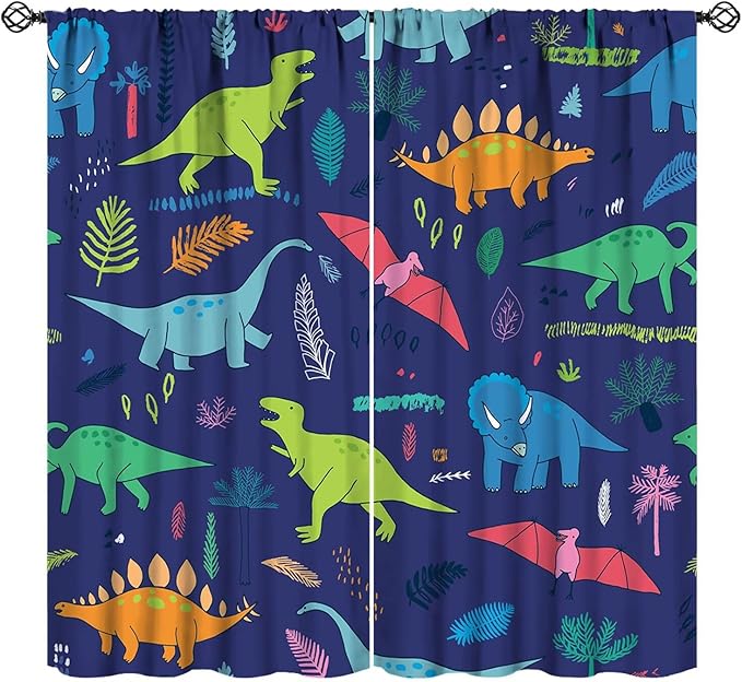 Dinosaurs Blackout Curtains Cute Cartoon Animals Dino Tropical Plant Colorful Art Print for Kids Boys Bedroom Living Room Rod Pocket Decoration Window Drapes 2 Panels W31.5xL72in