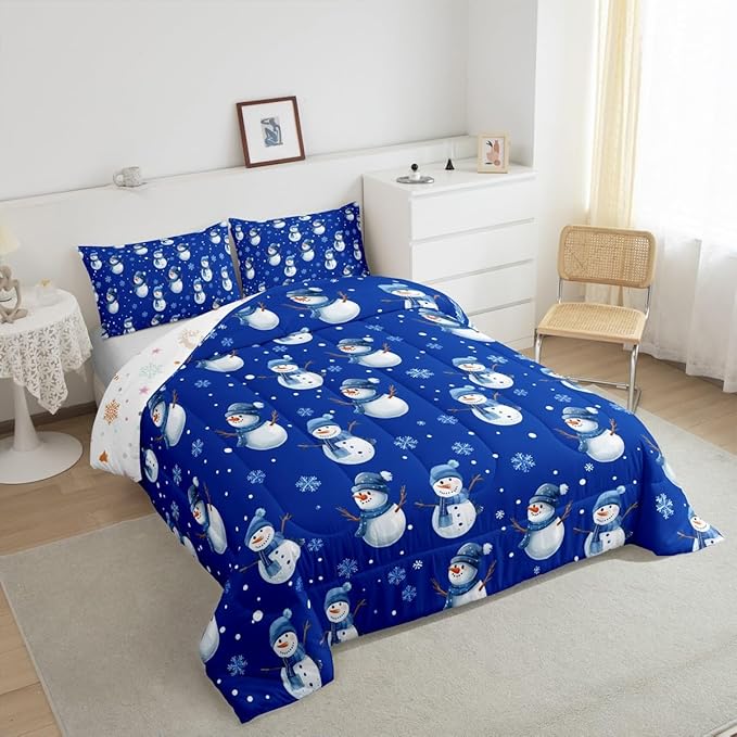 jejeloiu Kids Cute Winter Snowman Comforter Set Full Size Blue Christmas Theme Bedding Set for Boys Girls Teens Xmas Snowflake Happy New Year Duvet Quilt Room Decor