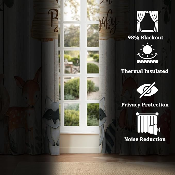 Renaiss 26 x 36 Inch African Safari Baby Curtains Grommet Blackout Window Curtain Planks Animals Tropical Tree Stump Fox Squirrel Mushrooms Print Window Treatment for Kids Boys Bedroom Decor 2 Panels