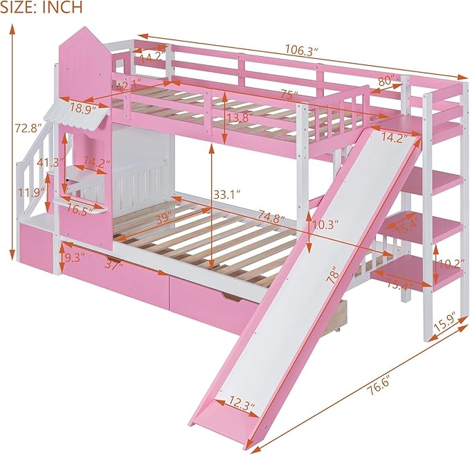 MERITLINE Twin Over Twin Castle Bunk Bed with Slide,Stairs and Drawers,Solid Wood Floor House Princess Bunk Bed with Storage Shelves (Pink)