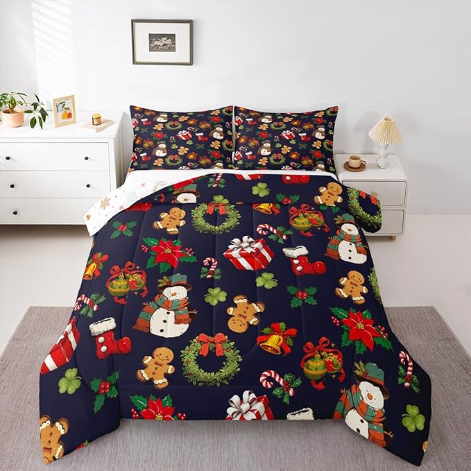 jejeloiu Merry Christmas Comforter Set Full Size Cute Snowman Bedding Set for Kids Boys Girls Gingerbread Man Duvet Quilt Dark Blue Bedroom Decor